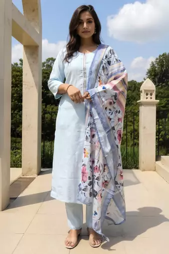 Blue self design cotton blend kurta trouser dupatta set
