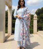 Blue self design cotton blend kurta trouser dupatta set