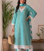 Turquoise printed rayon cotton suit set with lace work