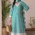 Turquoise printed rayon cotton suit set with lace work