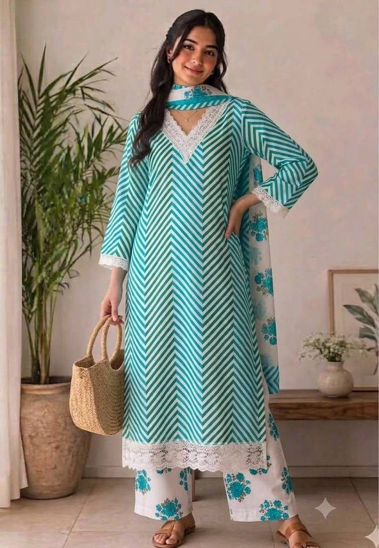 Turquoise printed rayon cotton suit set with lace work