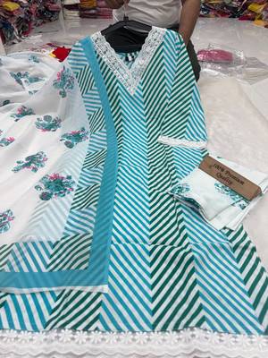 Turquoise printed rayon cotton suit set with lace work 2
