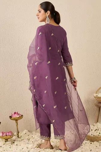 Mauve embroidered silk blend kurta trouser dupatta set