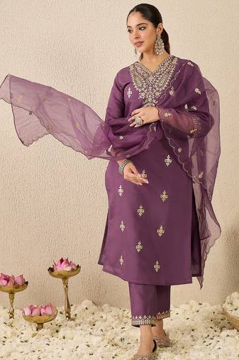Mauve embroidered silk blend kurta trouser dupatta set