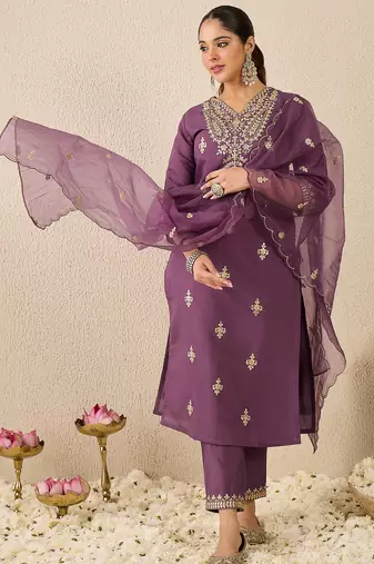 Mauve embroidered silk blend kurta trouser dupatta set