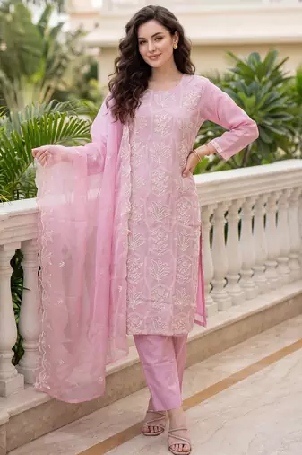 Pink embroidered silk blend kurta trouser dupatta set