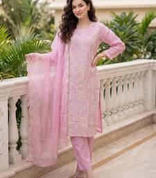 Pink embroidered silk blend kurta trouser dupatta set