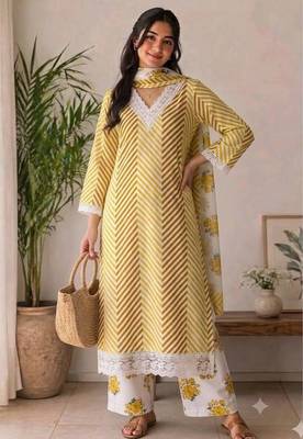 Yellow printed rayon cotton suit set with lace work 1