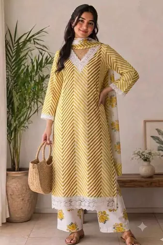 Yellow printed rayon cotton suit set with lace work