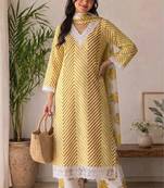 Yellow printed rayon cotton suit set with lace work