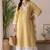 Yellow printed rayon cotton suit set with lace work