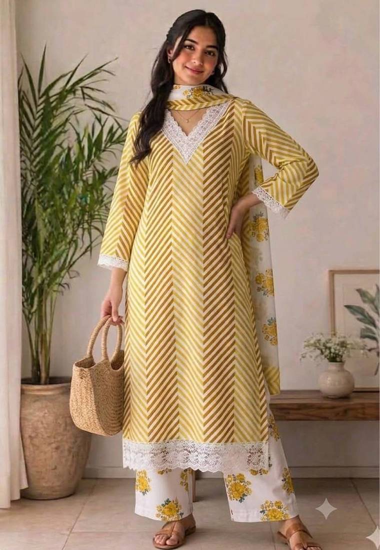 Yellow printed rayon cotton suit set with lace work