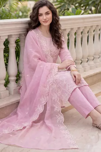 Pink embroidered silk blend kurta trouser dupatta set