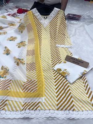 Yellow printed rayon cotton suit set with lace work 2