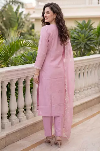 Pink embroidered silk blend kurta trouser dupatta set