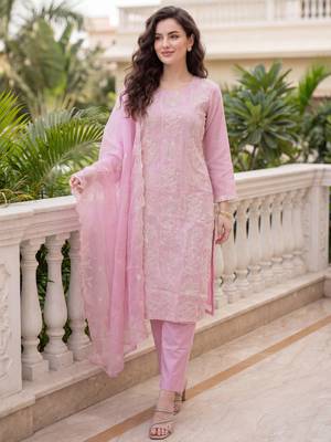 Pink embroidered silk blend kurta trouser dupatta set 1