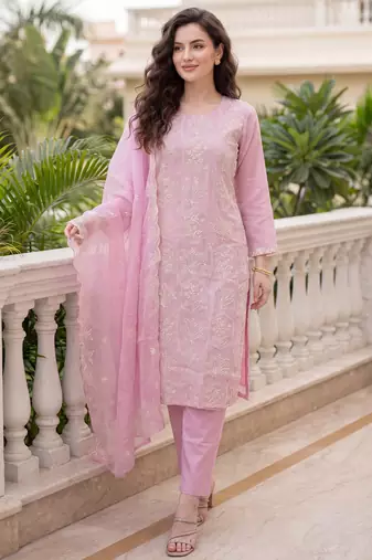 Pink embroidered silk blend kurta trouser dupatta set