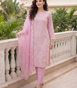 Pink embroidered silk blend kurta trouser dupatta set