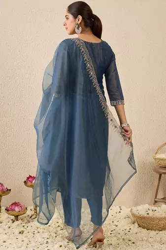Blue embroidered liva kurta trouser dupatta set