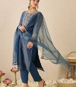 Blue embroidered liva kurta trouser dupatta set