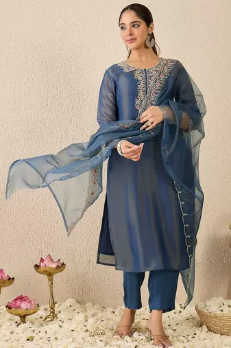 Blue embroidered liva kurta trouser dupatta set