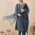 Blue embroidered liva kurta trouser dupatta set