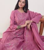 Pink embroidered silk blend kurta trouser dupatta set