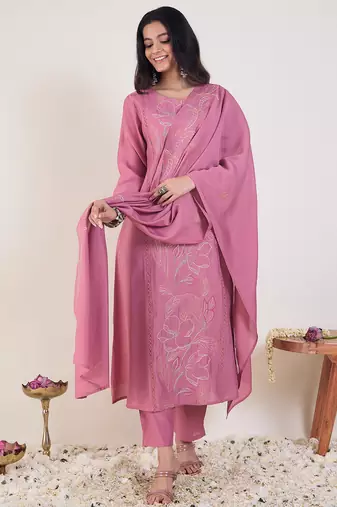 Pink embroidered silk blend kurta trouser dupatta set