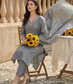 Grey embroidered silk blend kurta trouser dupatta set