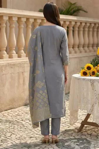 Grey embroidered silk blend kurta trouser dupatta set