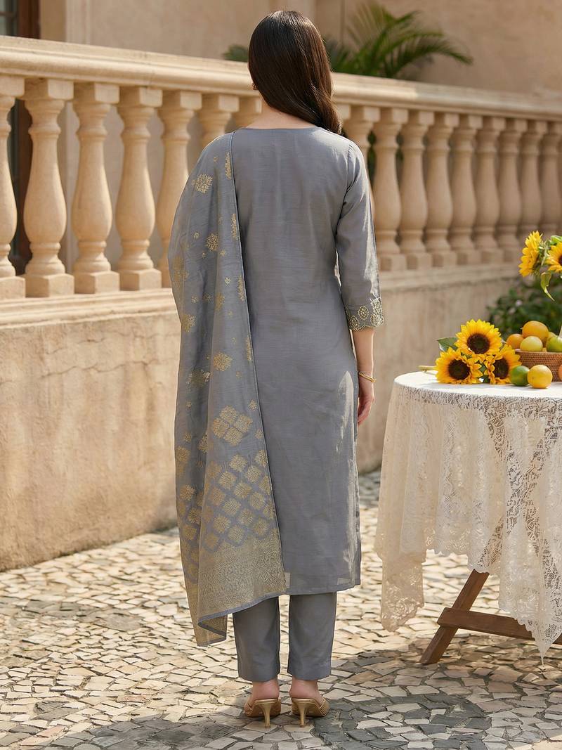 Grey embroidered silk blend kurta trouser dupatta set