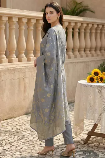 Grey embroidered silk blend kurta trouser dupatta set