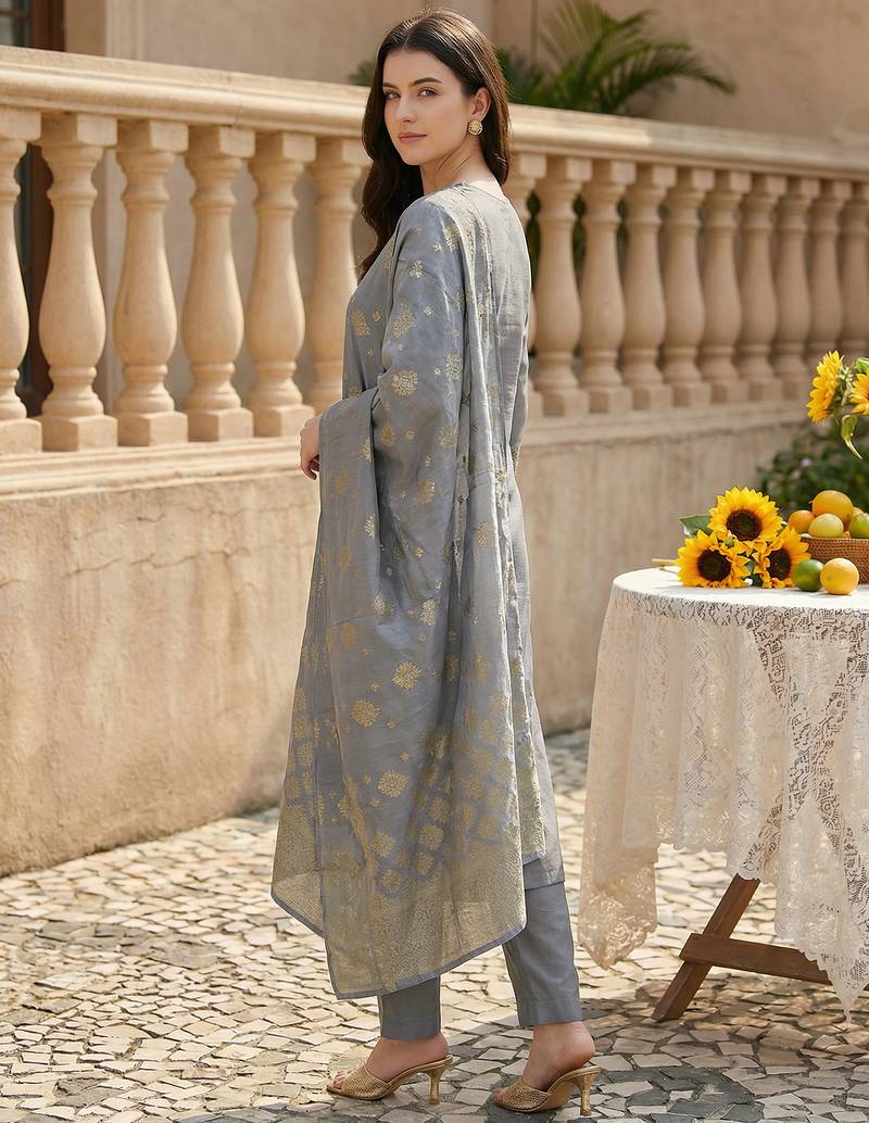 Grey embroidered silk blend kurta trouser dupatta set