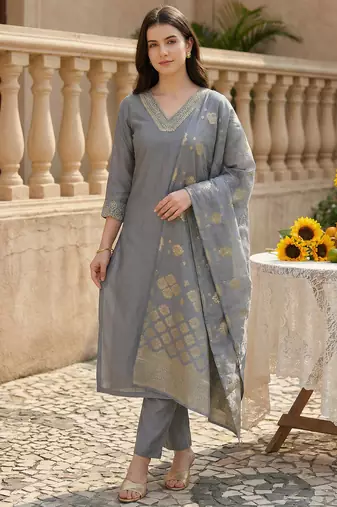 Grey embroidered silk blend kurta trouser dupatta set