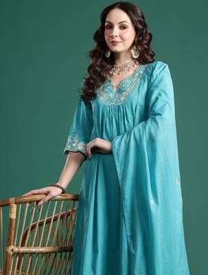 Blue embroidered pure cotton kurta trouser dupatta set 2