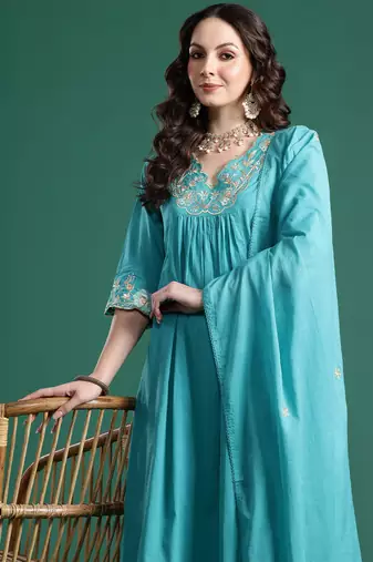 Blue embroidered pure cotton kurta trouser dupatta set