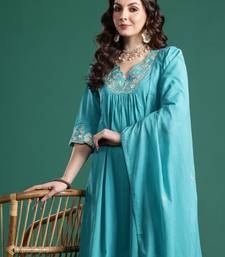 Blue embroidered pure cotton kurta trouser dupatta set