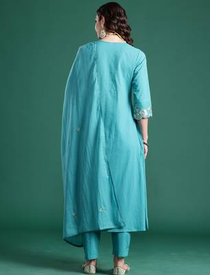 Blue embroidered pure cotton kurta trouser dupatta set 3