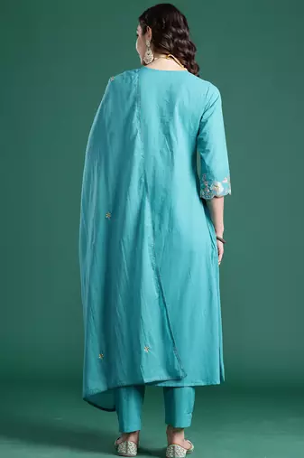 Blue embroidered pure cotton kurta trouser dupatta set