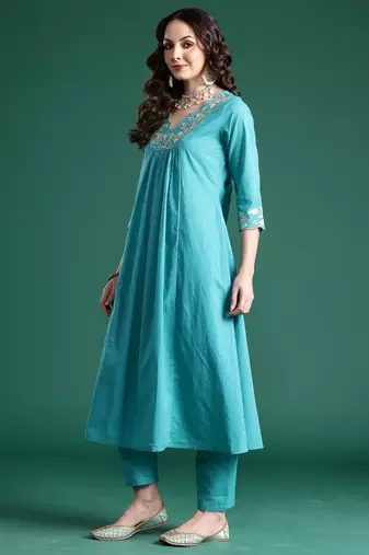 Blue embroidered pure cotton kurta trouser dupatta set