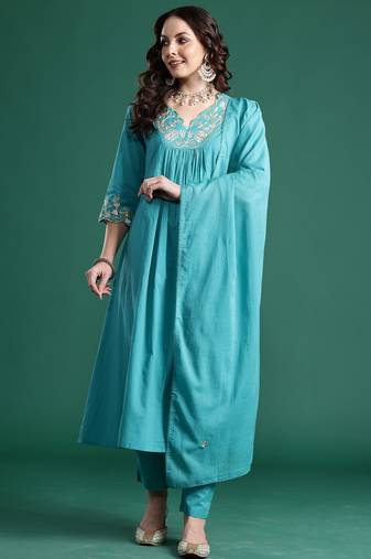 Blue embroidered pure cotton kurta trouser dupatta set