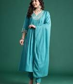 Blue embroidered pure cotton kurta trouser dupatta set