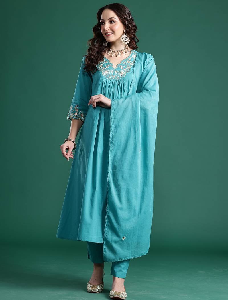 Blue embroidered pure cotton kurta trouser dupatta set