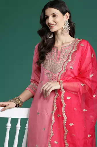 Pink embroidered silk blend kurta trouser dupatta set
