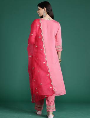 Pink embroidered silk blend kurta trouser dupatta set 3