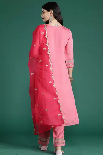 Pink embroidered silk blend kurta trouser dupatta set
