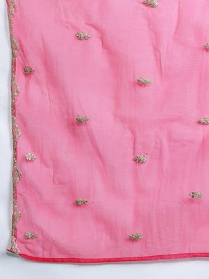 Pink embroidered silk blend kurta trouser dupatta set 4