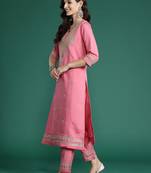 Pink embroidered silk blend kurta trouser dupatta set