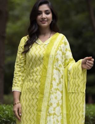 Green printed pure cotton kurta trouser dupatta set 1