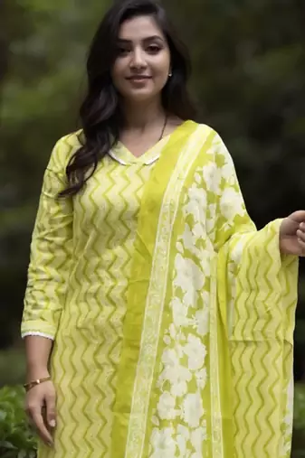 Green printed pure cotton kurta trouser dupatta set